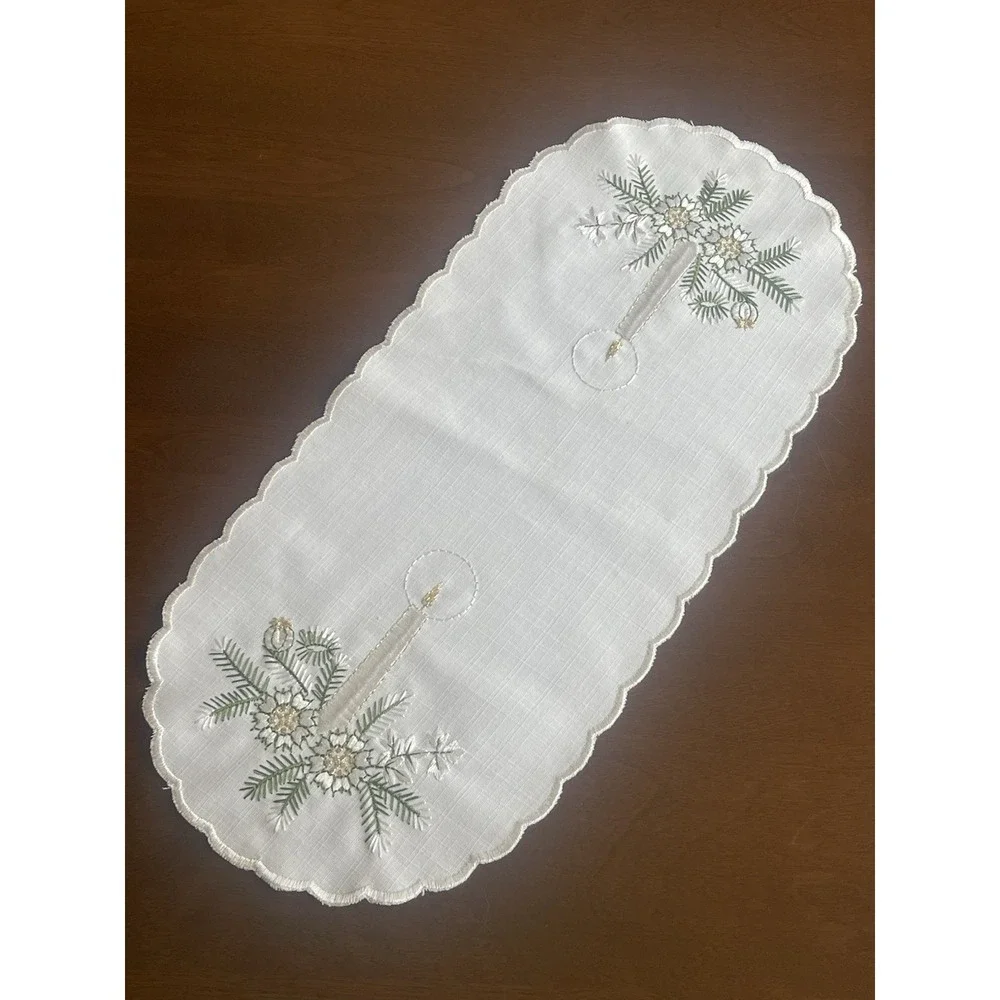 Vintage Christmas Embroidered Dresser Scarf 18x8 Candle Evergreen Floral Linen